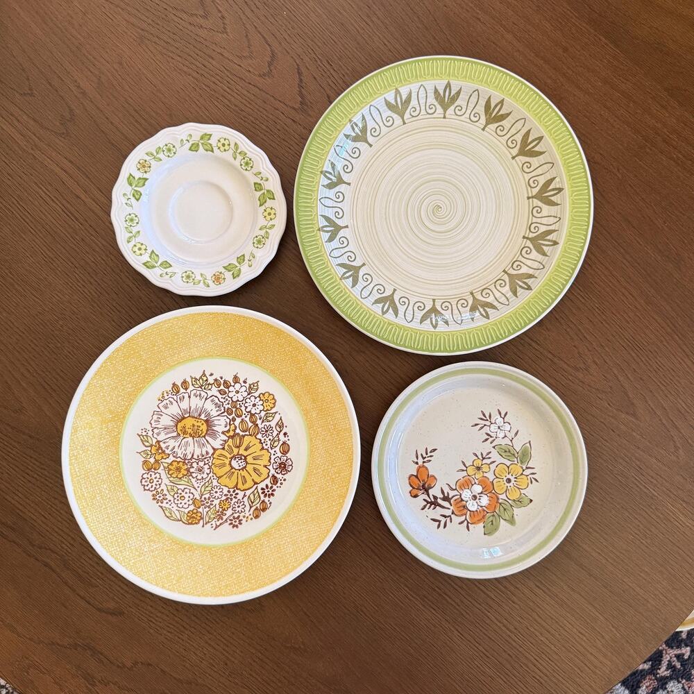 Vintage Eclectic Floral Plate Set – Green & Yellow – Mix & Match, Set of 4